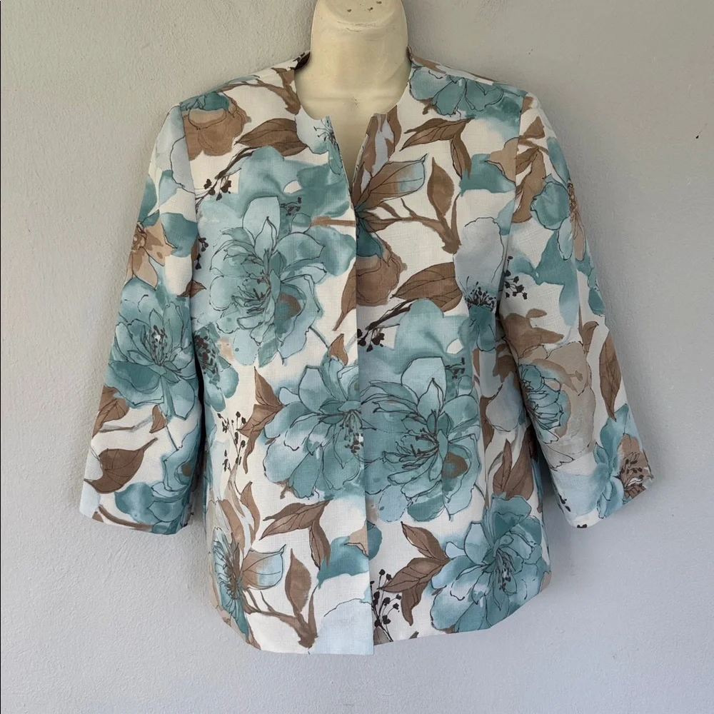Vintage Alfred Dunner blue tan floral print drape style blazer jacket size 8